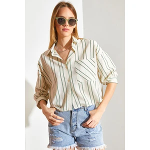Çizgili Tek Cepli Keten Gömlek