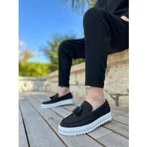 BA0154  Bağcıksız Yüksek Taban Keten Siyah Renk Püsküllü Erkek Ayakkabı