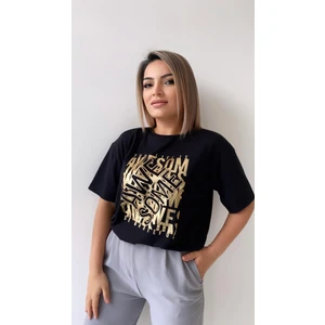 Seda Fidan Butik Awe Some Varak Baskılı Tişört Siyah