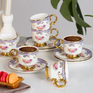 IST-169 Lila Gold Yaldızlı Desenli Porselen Fincan Takımı - Türk Kahvesi 6 Kişilik 12 Parça
