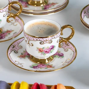 IST-169 Pembe Gold Yaldızlı Desenli Porselen Fincan Takımı - Türk Kahvesi 6 Kişilik 12 Parça