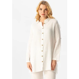 Eliş Şile Bezi Uzun Katlanabilir Kol Sedanur Gömlek Yaka Yazlık Müslin Tunik Beyaz Byz