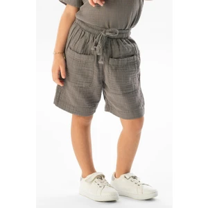 Eliş Şile Bezi Batı Cep Detaylı Yazlık Müslin Kız Çocuk Şort Gri Gri