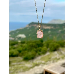 Doğaltaş Kafes Pembe Kuvars Taşı Kolye ZİNCİRSİZ