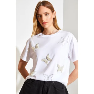 Kadın Inci Taş Işlemeli Penye Tshirt