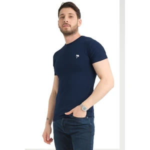 Erkek Koyu Lacivert Bisiklet Yaka Likralı Pamuklu Kısa Kollu T Shirt