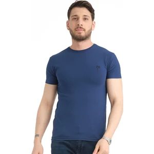 Erkek Gece Mavi Bisiklet Yaka Pamuklu Kısa Kollu T Shirt