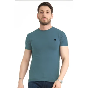 Erkek Soft Mavi Bisiklet Yaka Likralı Pamuklu Kısa Kollu T Shirt