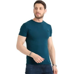 Erkek Çelik Mavi Bisiklet Yaka Likralı Pamuklu Kısa Kollu T Shirt