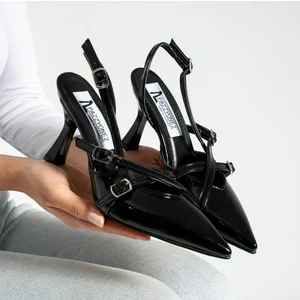 Çift Bantlı Toka Detaylı Syiah Rugan Kadın Topuklu Ayakkabı