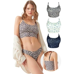 Ayarlanabilir Askılı Lazer Kesim Desenli Crop Büstiyer 3'lü Paket