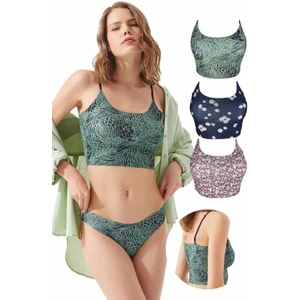 Ayarlanabilir Askılı Lazer Kesim Desenli Crop Büstiyer 3'lü Paket - 2