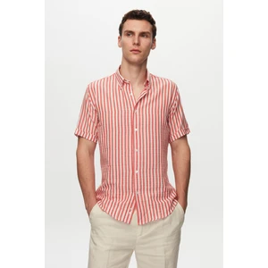D'S Damat Slim Fit Kırmızı Gofre Çizgili Kısa Kollu Yazlık Gömlek 8HC02ORT04265
