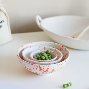 Beige & Stone Seramik Turuncu Benekli Salata Bowl Kahvaltılık Çorba  Sunum Kase 3'lü Set