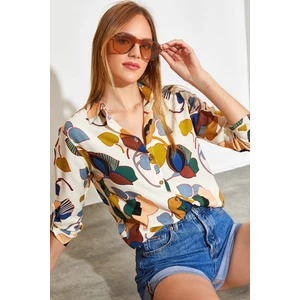 Kadın Kol Katlamalı Desenli Viskon Gömlek