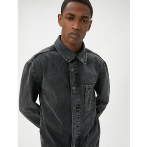 Yıkamalı Kot Gömlek Ceket Uzun Kollu Tek Cep Detaylı Klasik Yaka Pamuklu