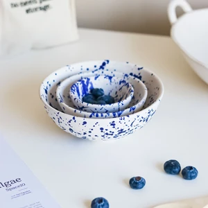 Beige & Stone Seramik Lacivert Benekli Salata Bowl Kahvaltılık Sunum Kase 3'lü Set