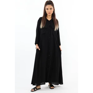 Prive Gömlek Yaka %100 Viskon Siyah Uzun Yazlık Elbise