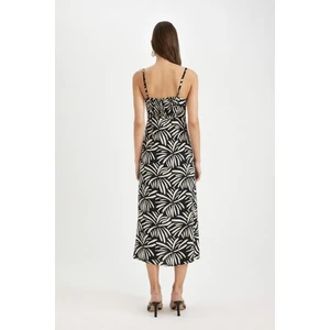 V Yaka Tropikal Desenli Maroken Askılı Maxi Elbise A9178AX24SM