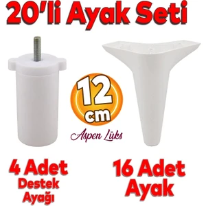 20'li Set Aspen Lüks Mobilya Koltuk Kanepe Tv Ünitesi Yükseltme Destek Ayağı 12 cm Beyaz Ayakları