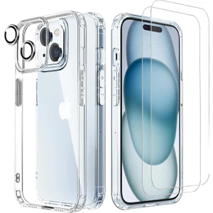 iPhone 15 Plus Şeffaf Kılıf ve Ekran Koruyucu[2 Adet] + Kamera Lens Koruyucu [gümüş]