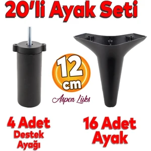 20'li Set Aspen Lüks Mobilya Koltuk Kanepe Tv Ünitesi Yükseltme Destek Ayağı 12 cm Siyah Ayakları