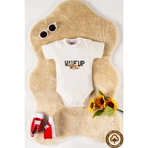 Unisex Özel Tasarım Organik Pamuklu Wake Ayıcık Baskılı 3-6-9-12 Ay Bebek Body Ekru Badi Zıbın