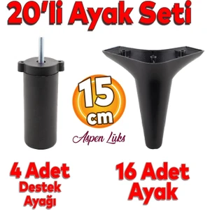 20'li Set Aspen Lüks Mobilya Koltuk Kanepe Tv Ünitesi Yükseltme Destek Ayağı 15 cm Siyah Ayakları