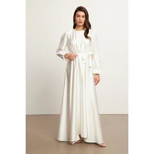Liza Kuşaklı Saten Elbise - Ekru