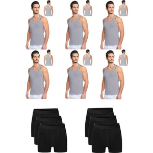Erkek Pamuklu 6'lı Gri Sporcu Atlet ve 6'lı Siyah Boxer 12 Parça Set