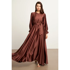 Liza Kuşaklı Saten Elbise - Kahve