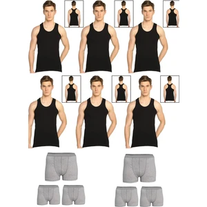 Belifanti Collection Erkek Pamuklu 6'lı Siyah Sporcu Atlet ve 6'lı Gri Boxer 12 Parça Set