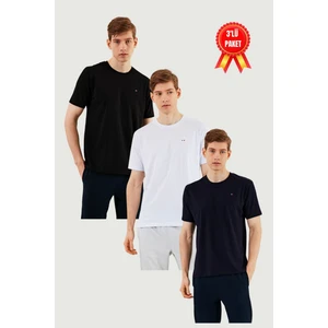 Erkek 3'lü Bisiklet Yaka T-Shirt %100 Pamuk Nakış Detaylı Basic Siyah-Lacivert-Antrasit Tişört