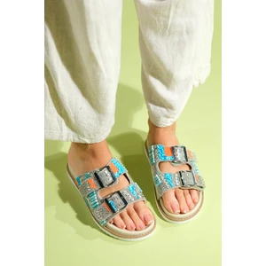 Lanso Bej Taşlı Çift Bantlı Kadın Terlik