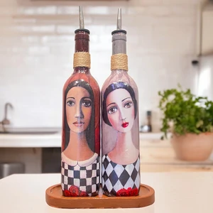 Mes Reves Design El Yapımı Ekoseli Kadın 750 ml Zeytinyağı Sıvıyağ Şişesi Yağdanlık Yağlık Sirkelik Sosluk 2'li Set