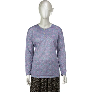 Kadın Kağıt Baskı Klasik Anne Bluz Pamuk Kumaş Fulya Desenli Üç Düğmeli Rahat Tam Kalıp