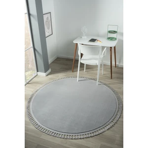 Linos Home Puffy Açık Gri Yuvarlak Saçaklı Peluş Yumuşacık Yıkanabilir Kaymaz Taban Halı Salon Oturma Odası