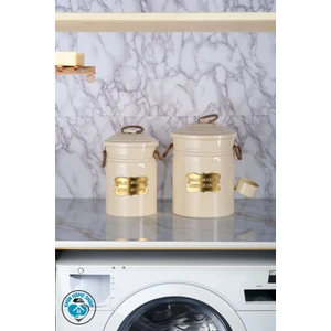 Emir Home Shop Galvaniz Lüx Metal 2'li Deterjan Kabı Kovası Ölçekli Çamaşır ve Bulaşık Deterjan Kutusu Deterjanlık Krem