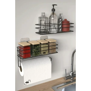 Alsi Home Yapışkanlı Şık Pratik Şampuanlık 2li Metal Kağıt Havluluk Siyah Stantlı Şık Banyo Rafı