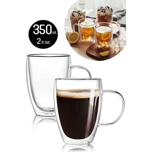 Çift Cidarlı Bardak Kupa 350 ml Ev Ofis Espresso Kahve Çay Fincanı Borosilikat Kulplu