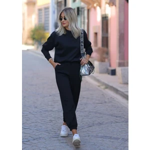 Unique Style Trend Modal Bisiklet Yaka Kadın Siyah Eşofman Takımı