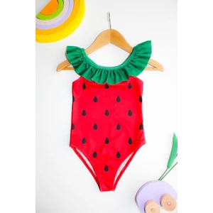 Lolli Boom Kids  Kız Çocuk Karpuz Desen Fırfır Yaka Kırmızı Yeşil Renk Detaylı Mayo Yeni Sezon