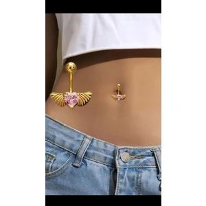 Ares Collection Cerrahi Çelik Pembe Taşlı Kalpli Kanatlı Gold Renk Göbek Piercingi