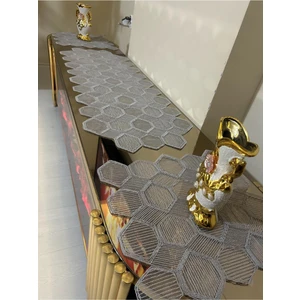 Yeni Lüks Runner Salon Oda Sehpa Masa Örtü Takımı Fransız Güpürlü Çeyizlik Set Gri 5 Parça Gri