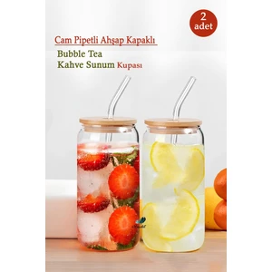 Bambu Kapaklı Isıya Dayanıklı Cam Pipetli 550 ml Meşrubat Kahve Sunum Bardağı | 2 Adet