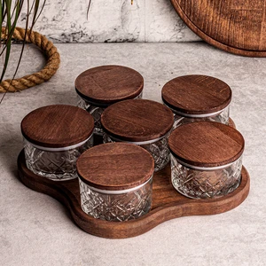 Milla Yıldız Tepsili 6'lı Ahşap Vakumlu Kapaklı Cam Kahvaltılık Çok Amaçlı Cam Çerezlik 230 ml