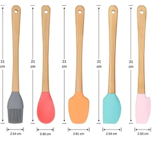 5'li Renkli Bambu Saplı Silikon Uçlu Spatula Fırçalı Kaşık Seti