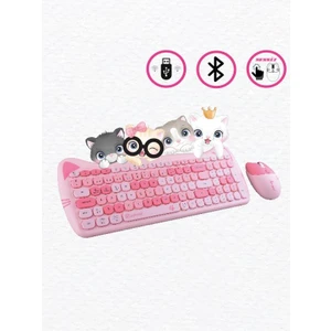 Sevimli Kedi Kablosuz Klavye ve Mouse Seti Bluetooth + 2.4g Dual Mode