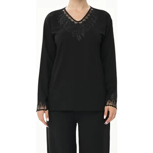 Yaka ve Kol Ucu Tül Detaylı Taş Işlemeli Siyah Anne Penye Bluz