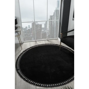 Linos Home Puffy Siyah Yuvarlak Saçaklı Peluş Halı Yumuşacık Yıkanabilir Kaymaz Taban Salon Oturması Koridor